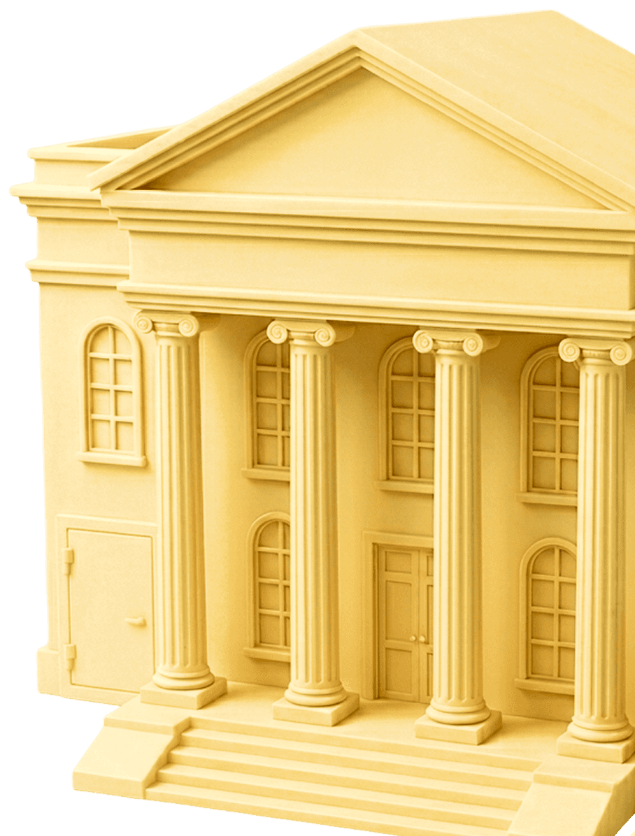 Golden neoclassical bank building for the self-employed section